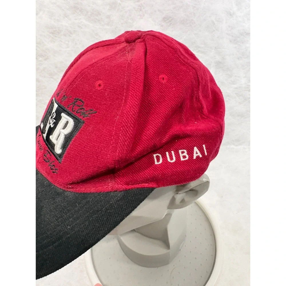 Hard Rock Cafe Dubai Hat Vintage Rock n Roll Never Dies Red Black Strapback Cap
